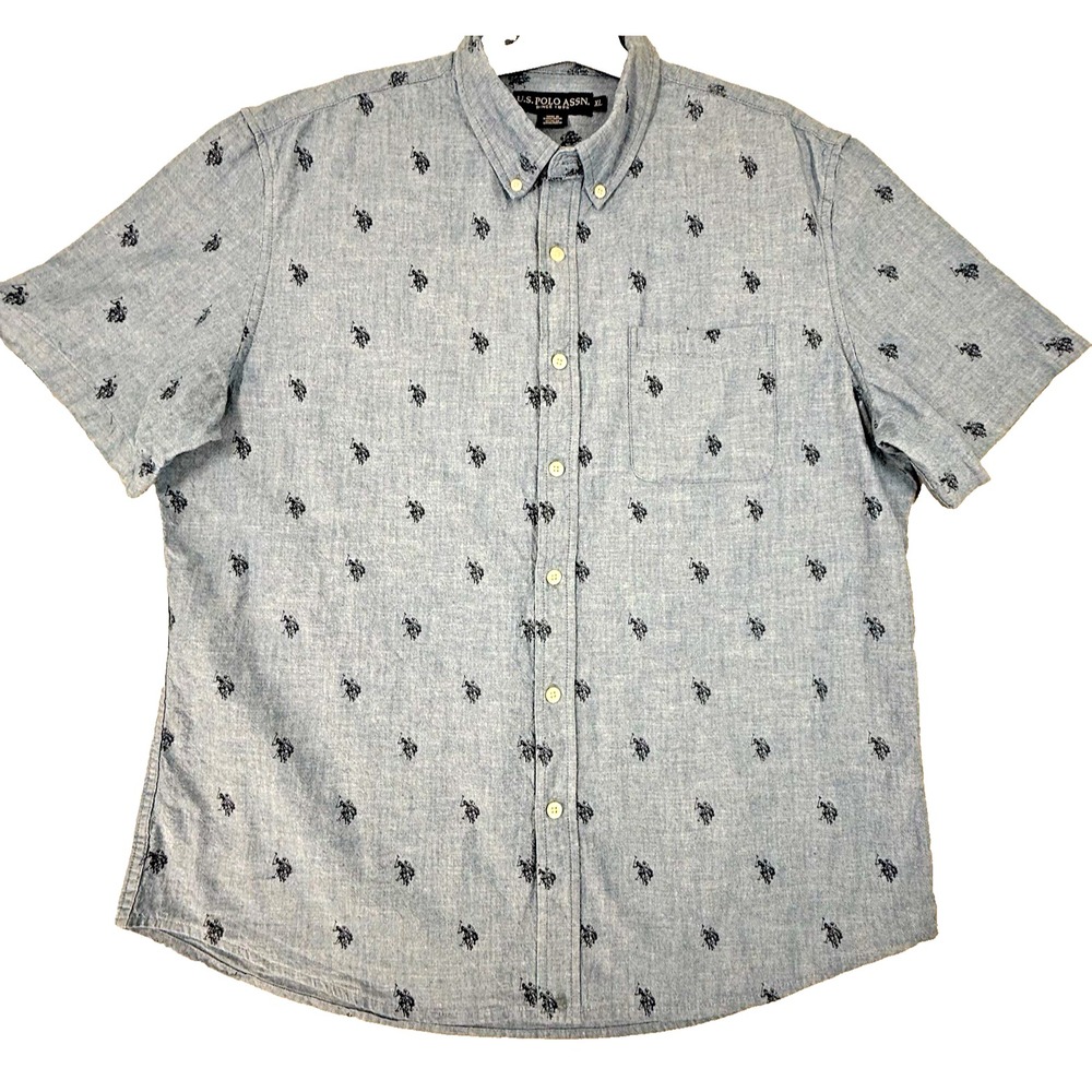 U S Polo Assn Button Down Shirt XL Blue All Over Pony Embroidered Short Sleeve